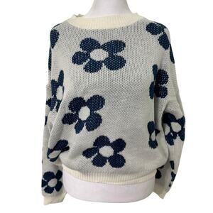 🤍💙 SHEIN White Blue Flower Knit Sweater Size S Cozy It Girl ✨🌼